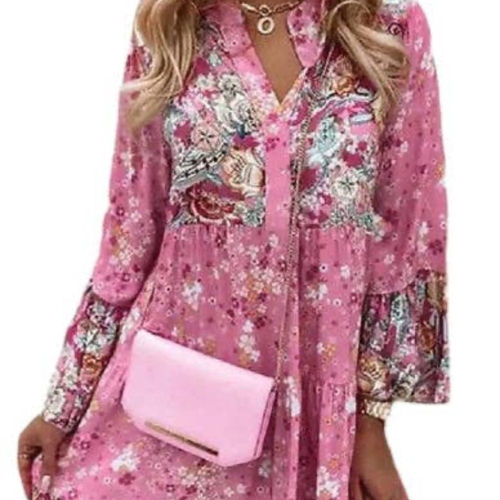 Beautiful Pink Floral Boho Long Sleeve Tiered Dress Hippie Gypsy Flowers